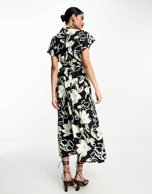 ASOS DESIGN v neck belted midi dress in mono painted floral, 2 of 4