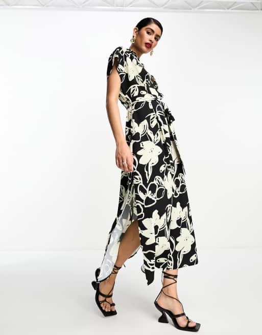 ASOS DESIGN v neck belted midi dress in mono painted floral, 4 of 4