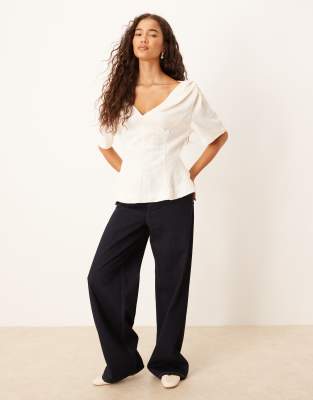 Asos Design V Neck Boucle Twist Shoulder Detail Tee In White