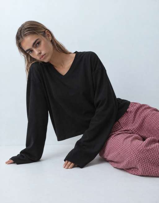 ASOS DESIGN V neck boxy crop long sleeve in black, 5 of 9