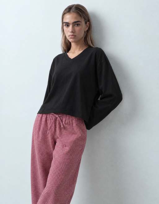 ASOS DESIGN V neck boxy crop long sleeve in black, 8 of 9