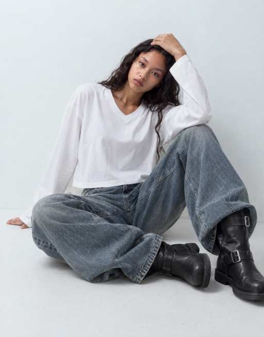 ASOS DESIGN V neck boxy crop long sleeve in white, 5 of 9