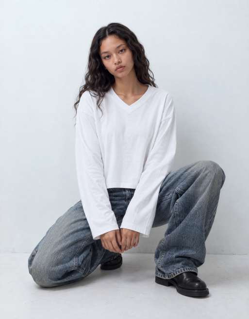 ASOS DESIGN V neck boxy crop long sleeve in white, 6 of 9