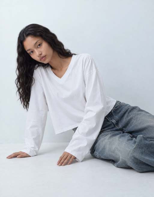 ASOS DESIGN V neck boxy crop long sleeve in white, 8 of 9