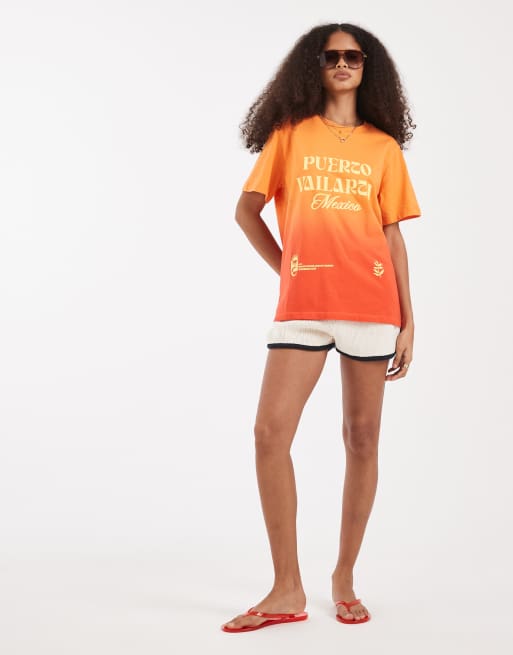 ASOS DESIGN V neck boxy t-shirt with Puerto Vallarta embroidery in orange ombre, 2 of 4