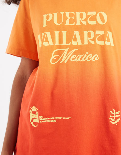 ASOS DESIGN V neck boxy t-shirt with Puerto Vallarta embroidery in orange ombre, 3 of 4