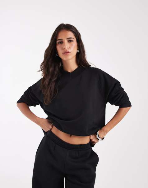 ASOS DESIGN V neck brushback sweat in black - view 1