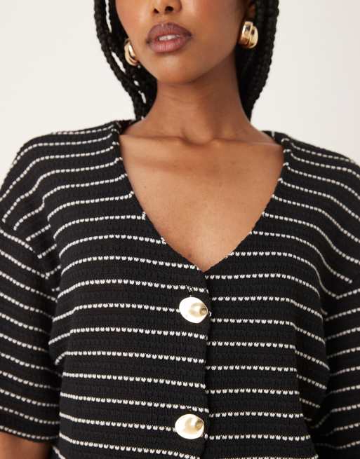 ASOS DESIGN V-neck button detail top in knit white stripe - part of a set, 2 of 4