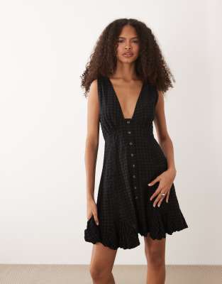 Asos Design V-neck Button Down Mini Dress With Lace Trim And Godets In Black