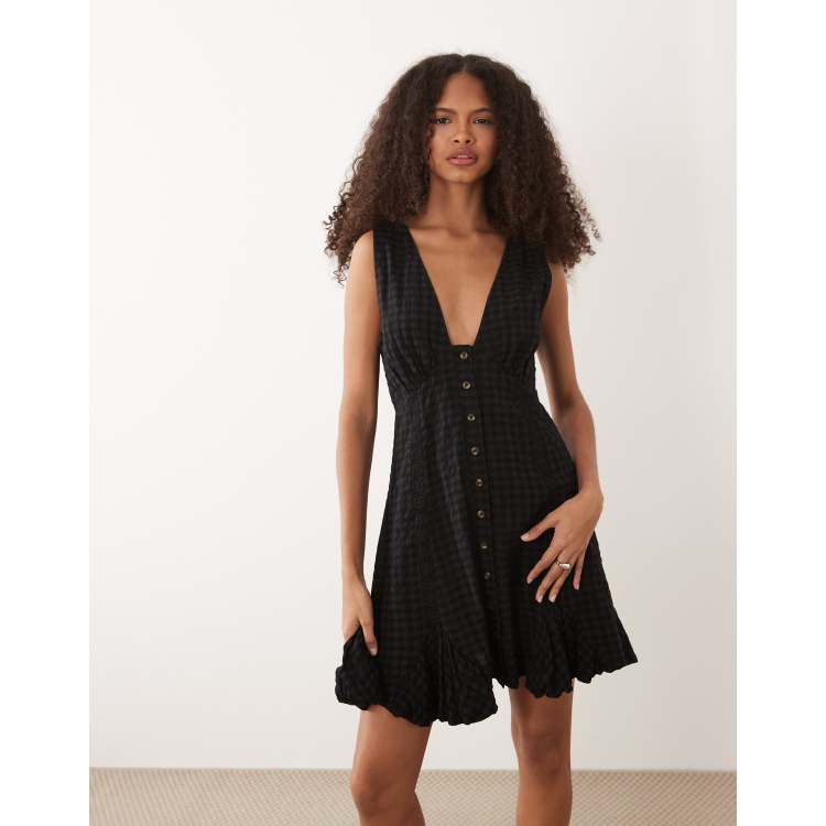 ASOS DESIGN v-neck button down mini dress with lace trim and godets in black  | ASOS