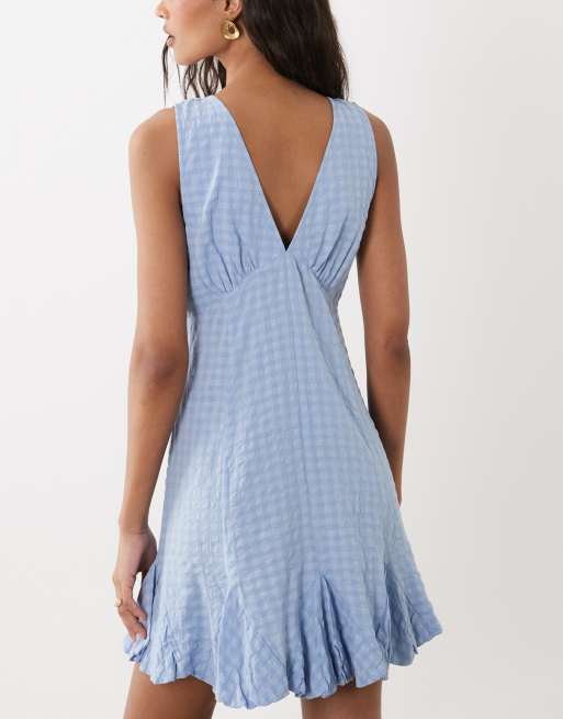 ASOS DESIGN v neck button down mini dress with lace trim and godets in dusky blue, 4 of 4