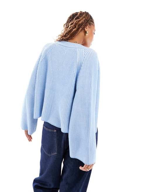 ASOS DESIGN v neck button front cardigan in plated yarn in blue, 2 of 4