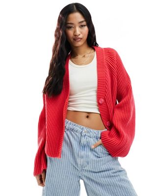 Asos Design V Neck Button Front Cardigan In Plated Yarn In Pink