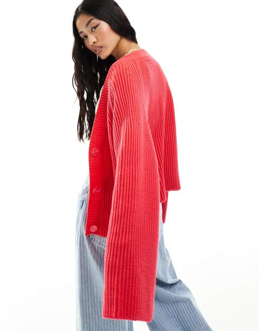 ASOS DESIGN v neck button front cardigan in plated yarn in pink, 2 of 4