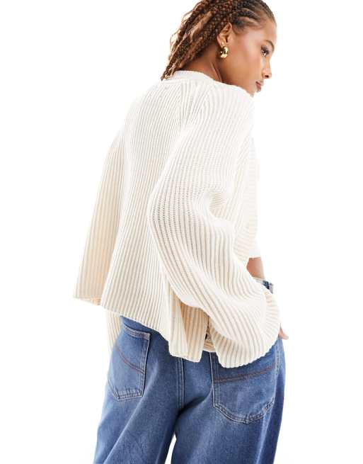 ASOS DESIGN v neck button front cardigan in pleated yarn in neutral, 4 of 4