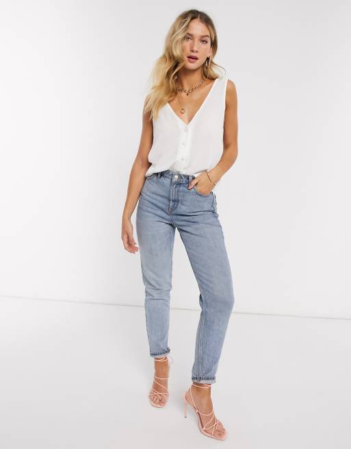 ASOS DESIGN v neck button front crinkle cami in ivory, 4 of 4