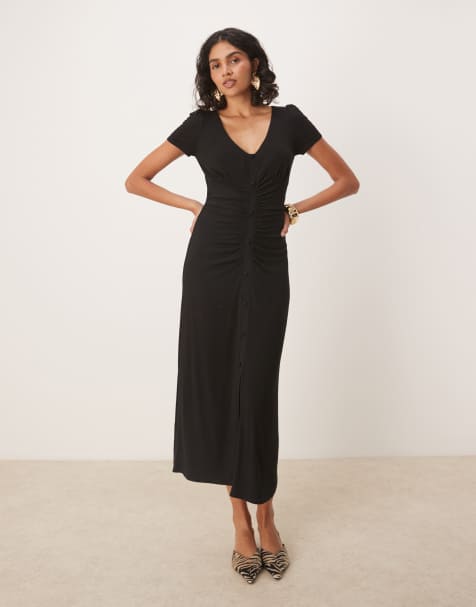 ASOS DESIGN V neck button ruched front midi tea dress in black - view 1