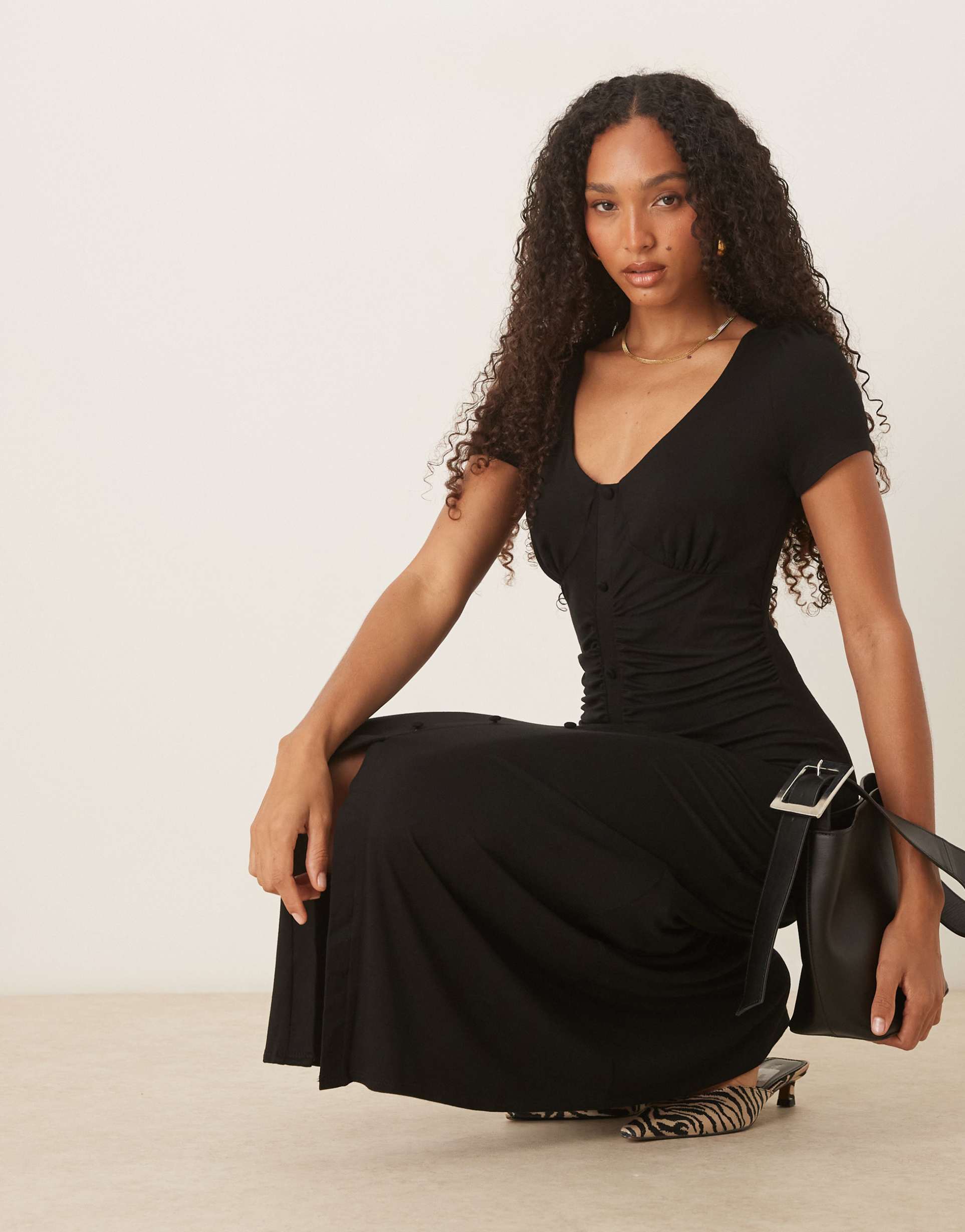 asos design v neck button ruched front midi tea dress in black