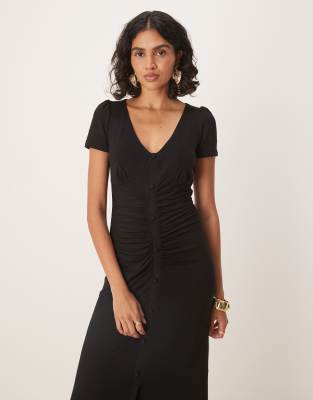 Asos Design V Neck Button Ruched Front Midi Tea Dress