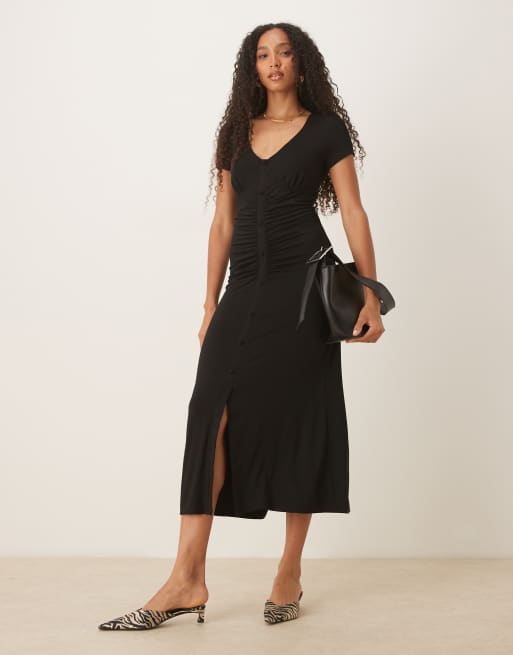 ASOS DESIGN V neck button ruched front midi tea dress in black
