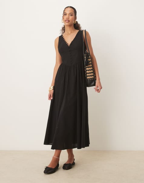 ASOS DESIGN v neck button through maxi dress with dropped waist in black - view 1