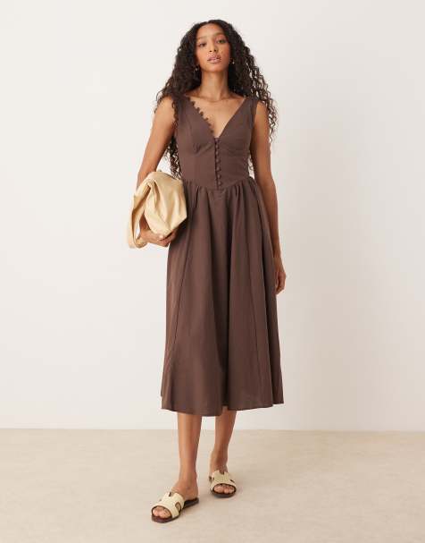 ASOS DESIGN v-neck button-through maxi dress with dropped waist in chocolate - view 1