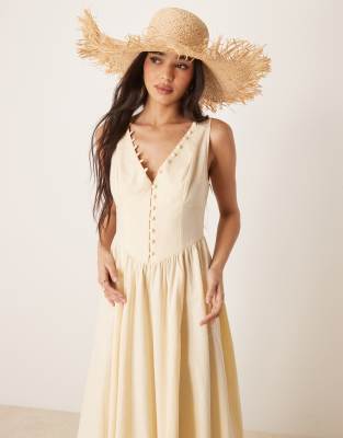 Asos Design V-neck Button Through Maxi Dress With Dropped Waist In Neutral