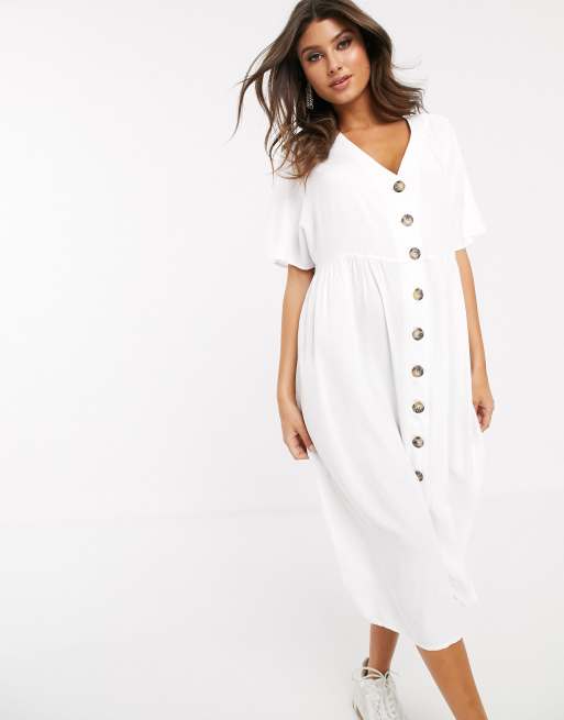 ASOS DESIGN v neck button through midi smock dress in white