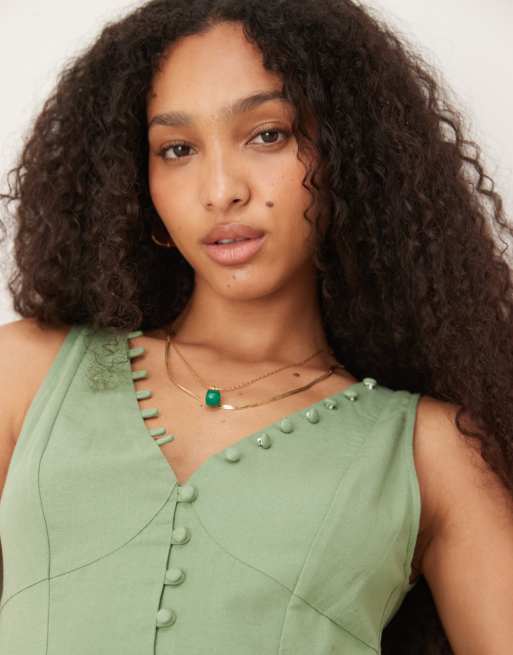 ASOS DESIGN v neck button through mini dress with dropped waist in pistachio green