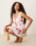 [ASOS DESIGN] ASOS DESIGN v neck button through mini dress with dropped waist in red floral print-Multi 12 Red Floral Print