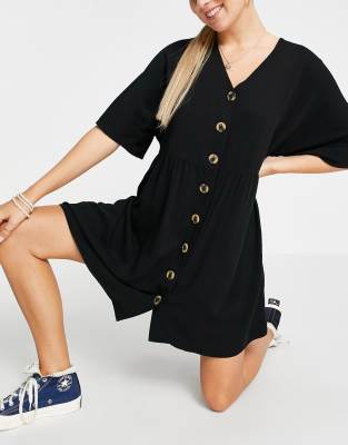 asos design v neck button through mini smock dress ASOS DESIGN v-neck button-through mini smock dress in black