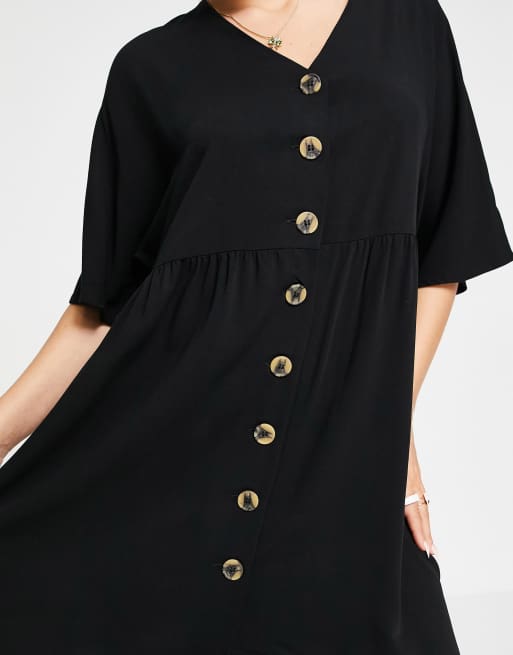 ASOS DESIGN v neck button through mini smock dress in black ASOS