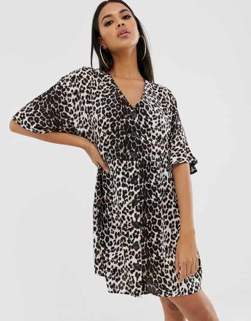 ASOS DESIGN v neck button through mini smock dress in leopard print | ASOS