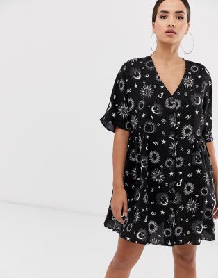 ASOS DESIGN v neck button through mini smock dress in zodiac print