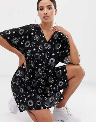 ASOS DESIGN v neck button through mini smock dress in zodiac print