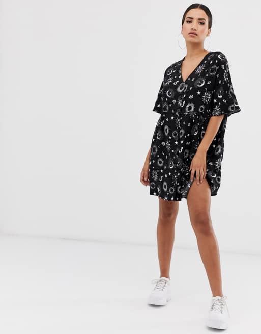 Asos design v neck button through mini smock clearance dress