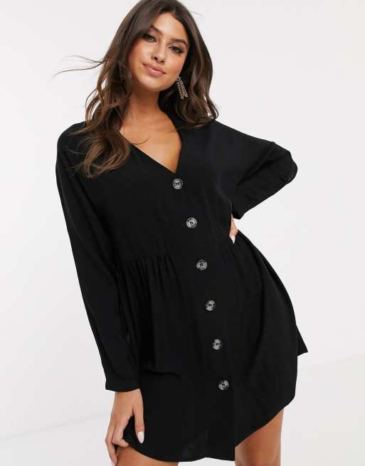 ASOS DESIGN v neck button through mini smock dress with long sleeves