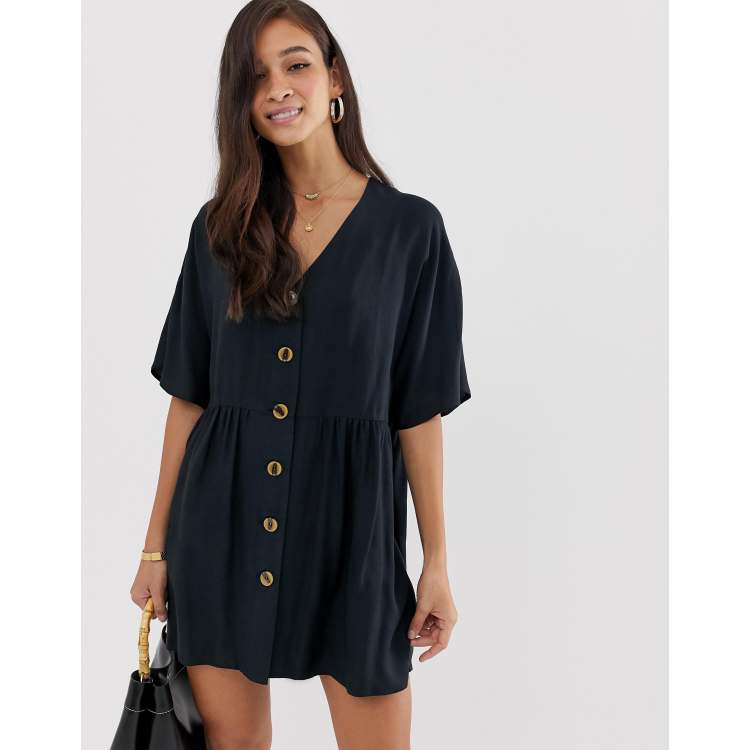 Asos design v neck shop button through mini smock dress