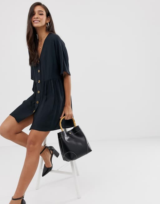 ASOS DESIGN v neck button through mini smock dress