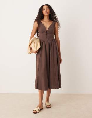 ASOS DESIGN v neck button up maxi dress with dropped waist in chocolate-Brown