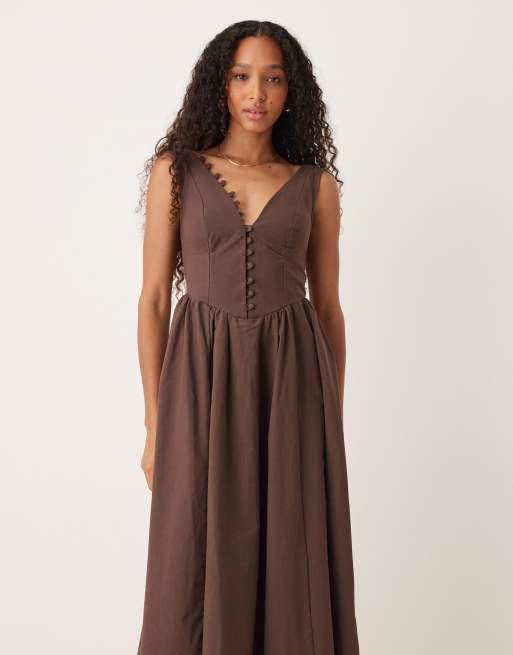 ASOS DESIGN v neck button up maxi dress with dropped waist in chocolate