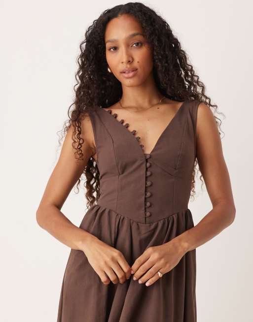 ASOS DESIGN v neck button up maxi dress with dropped waist in chocolate