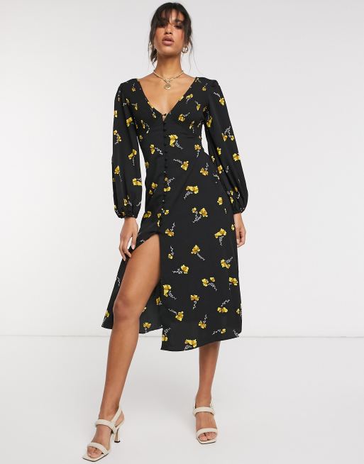 ASOS DESIGN v neck button-up midi dress with shirring in floral print ...