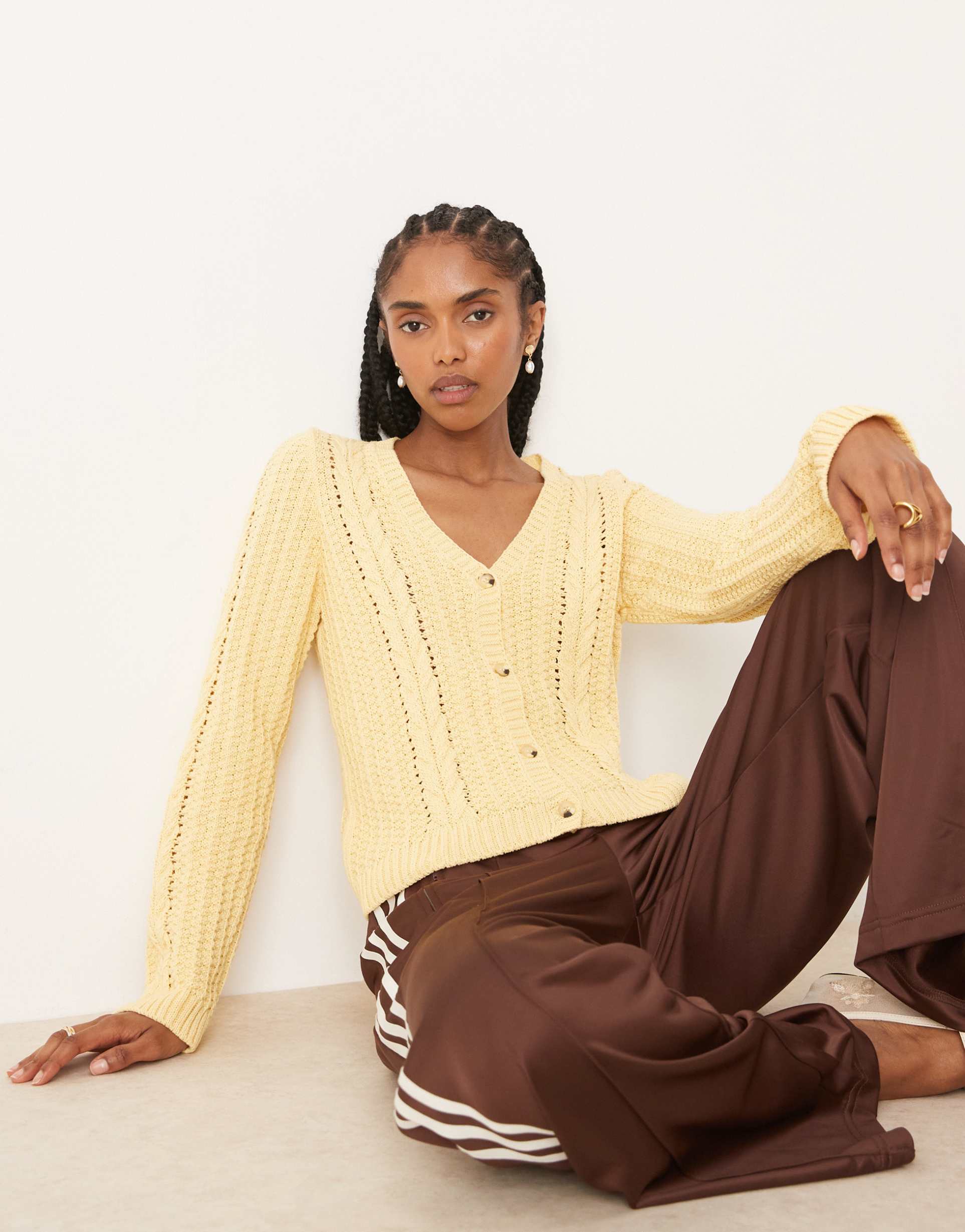 asos design v-neck cable knit cardigan in buttermilk