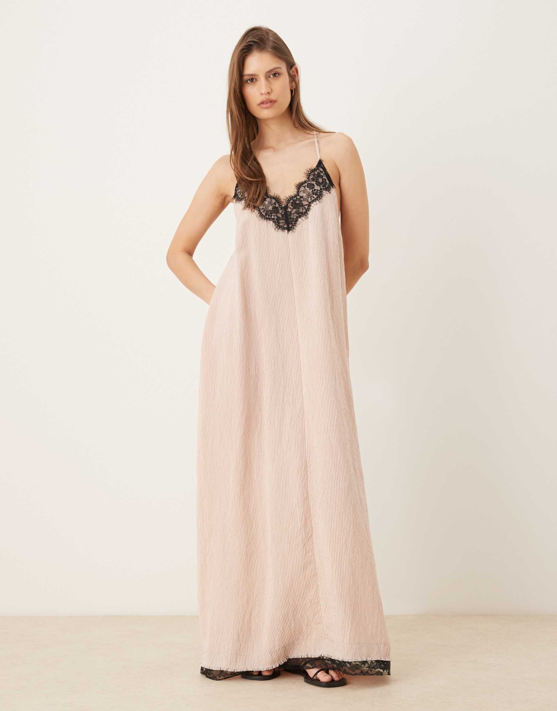 asos design v-neck cami maxi sundress with lace overlay in stripes