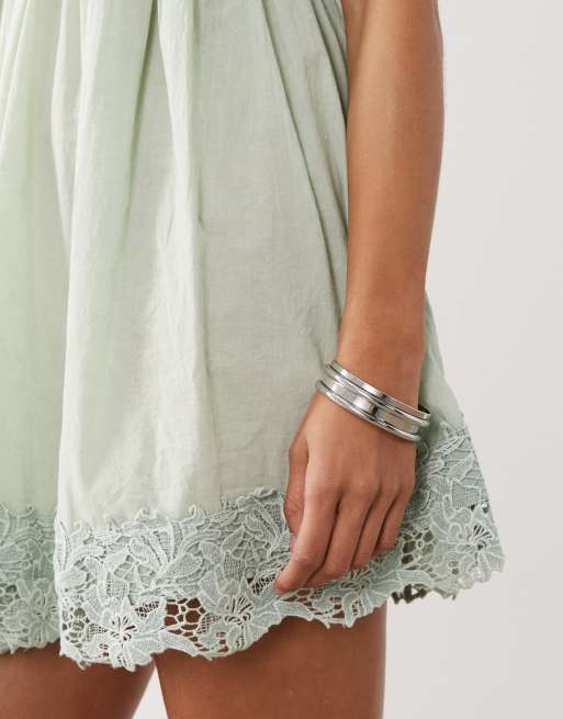 ASOS DESIGN v-neck cami mini dress with lace trim in green, 3 of 4
