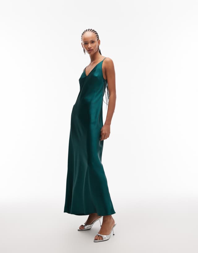 green satin midi slip dress ASOS DESIGN v-neck cami in teal olive green silk dress