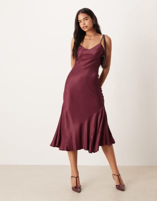 Asos Design V Neck Cami Satin Slip Maxi Dress In Red