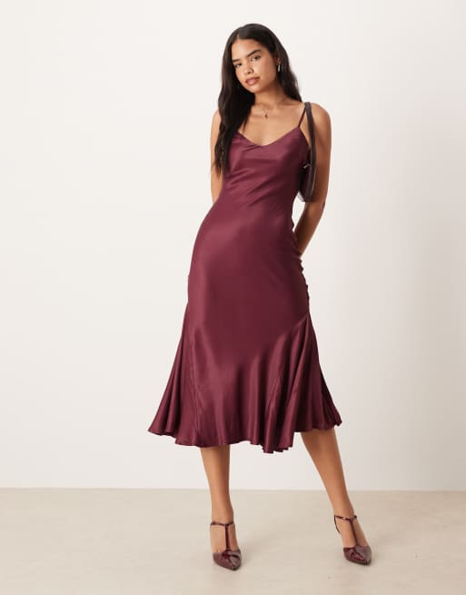 ASOS DESIGN v-neck cami satin slip maxi dress in burgundy