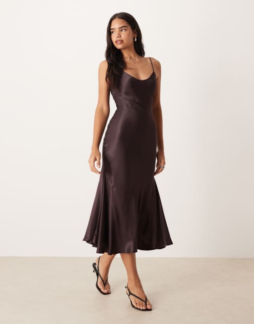 ASOS DESIGN v neck cami satin slip maxi dress in chocolate